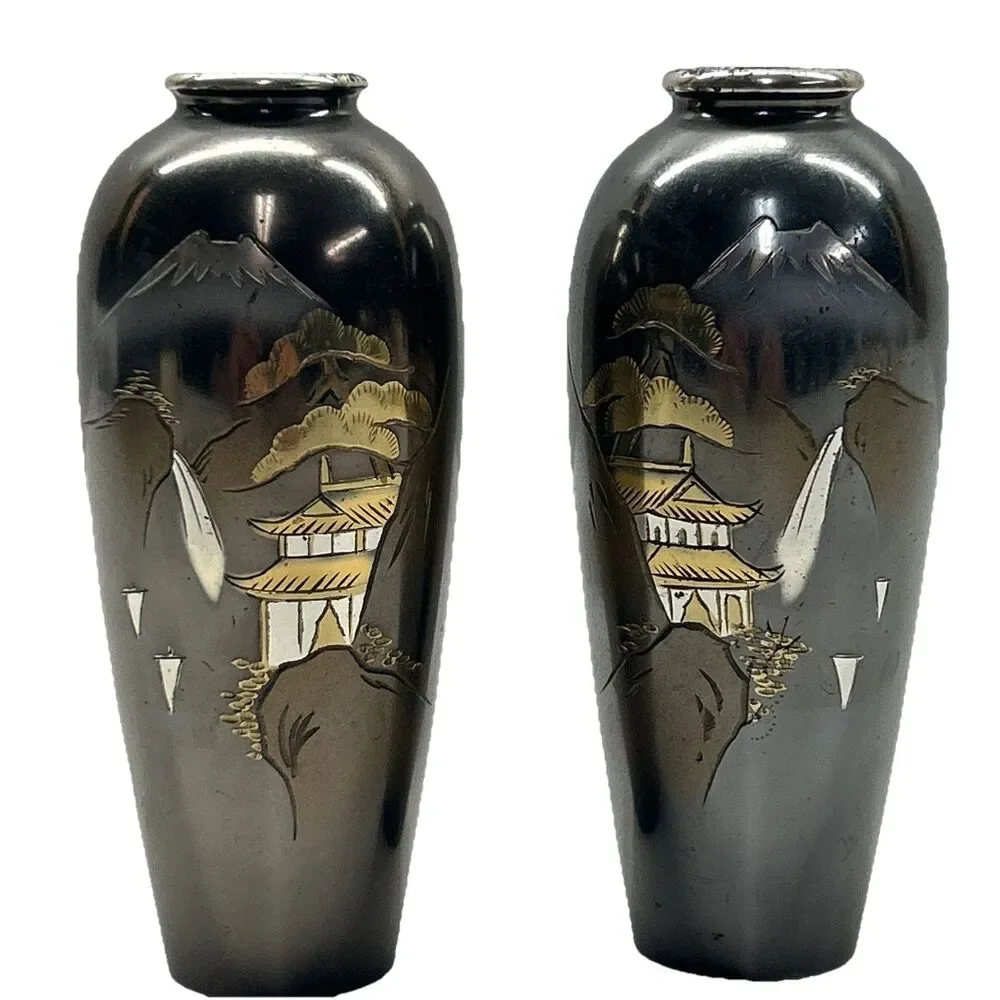 Bundle Deal‎ - 2 Vintage 4-3/4” Japanese Etched Metal Vases